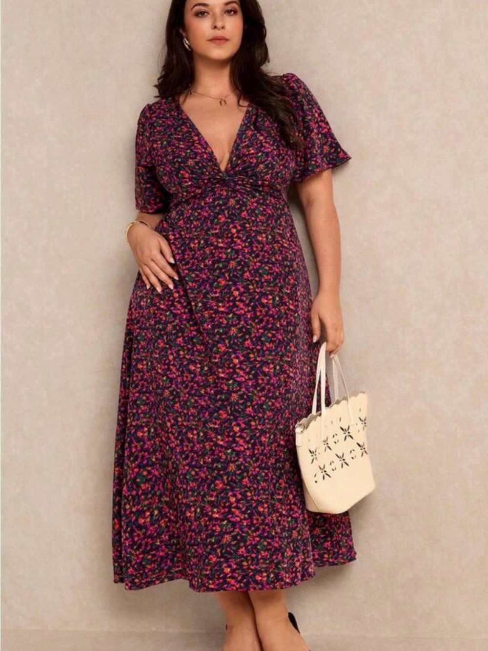 Women’s Purple Floral Midi Dress with Pink & Green Accents Size 3XL